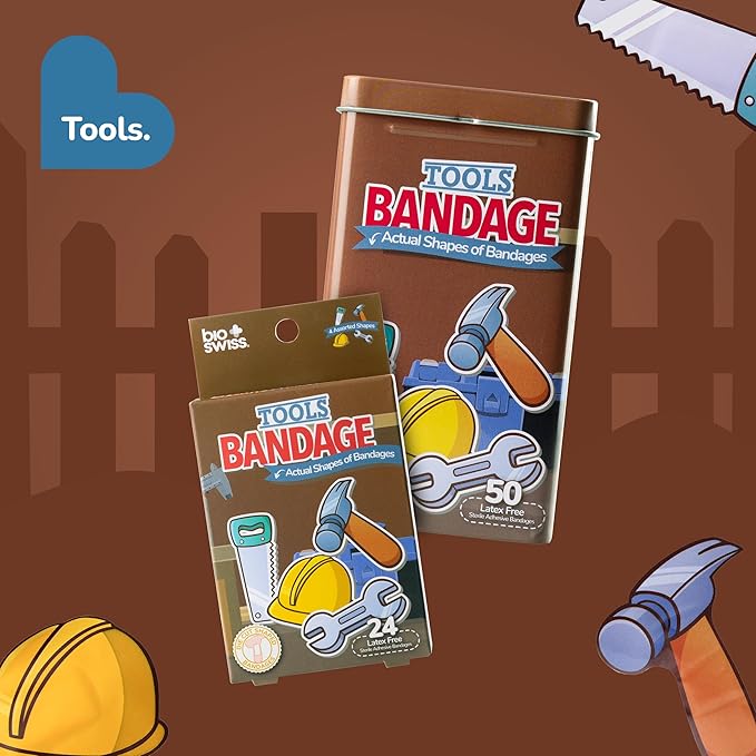 BioSwiss Kids Bandages, Tools Shaped Self Adhesive Bandage Set, Latex Free, Sterile Wound Care, 24 Count
