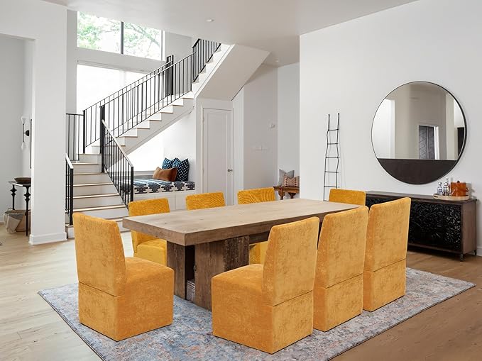 Upholstered Dining Chairs Set of 6 Modern Kitchen & Dining Room Chairs Linen Fabric Dining Chairs with Wooden Frame, Yellow