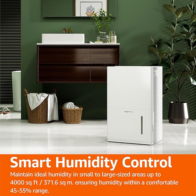 Amazon Basics Large Dehumidifier for Rooms, Energy Star Certified,Effectively Reduces Humidity, With Advanced Moisture Control, Timer, Auto-Defrost, Overflow Protection, up to 4000 SFT, 50 Pint, White