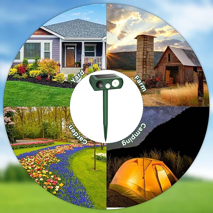 Upgraded Solar Ultrasonic Animal Repellent Outdoor, Deer Repellent Devices Motion Detection, Waterproof Cat Squirrel Skunk Raccoon Dog Bird Deterrent with Flash Lights for Yard Farm Garden Patio