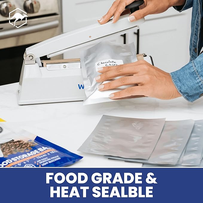 Wallaby 50 Count 1-Cup Mylar Bags with Labels, 10 Mil Total Thickness Long-Term Food Storage Pouches, 5x7 Heat-Sealable Airtight Packaging - Silver