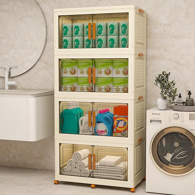 Plastic Stackable Storage Bins with Lids and Wheels, Foldable Closet Organizers and Storage Containers, Collapsible Clear Drawer Storage Cabinet with Doors Ivory White 912 QT
