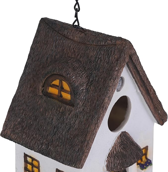 White Resin Cottage Bird House Brown Roof, 1.5" Entry Hole for Small Birds Wrens Sparrows, Rustic Cottage Style Nesting Box, Weatherproof Backyard Garden Decoration