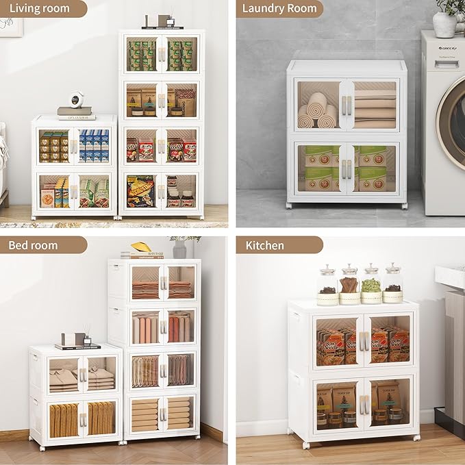 Large Clear Stackable Storage Bins with Lids, Foldable Storage Cabinet for Closet Organizers and Storage, Plastic Storage Box with Wheels 90 QT