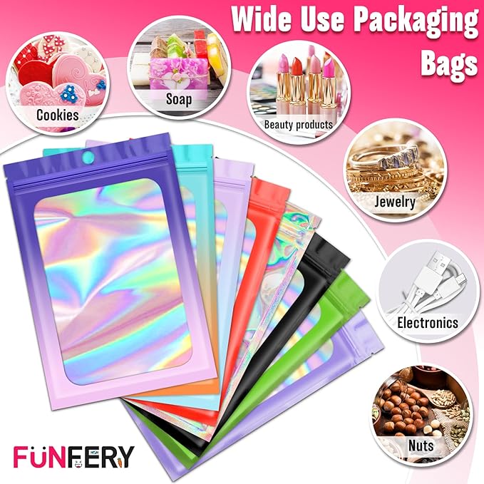 Funfery 300 Pack 3 Size Mylar Holographic Bags with Clear Window,Resealable Bag Smell Proof Foil Baggies Packaging Pouch for Food Storage,Sample,Small Business(Red,3x4.7,4x6,4.7x7.9in)