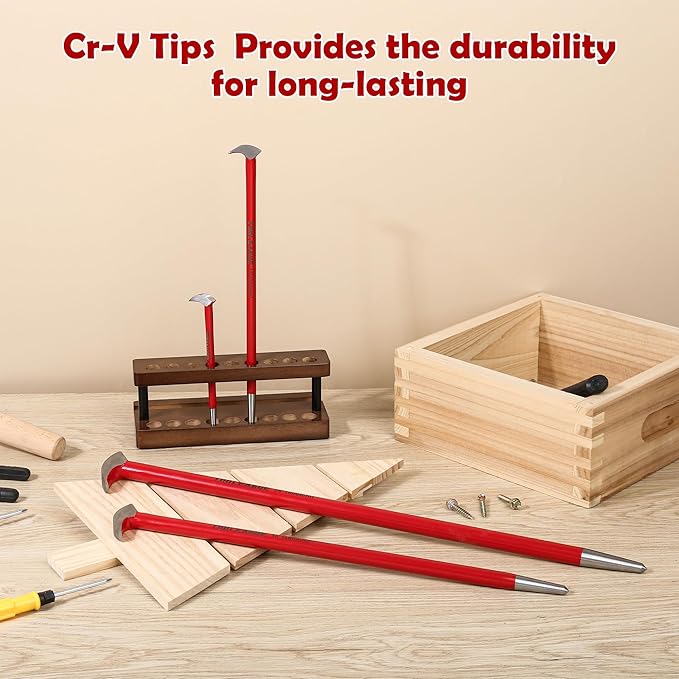 TOOLEAGUE 4Pcs Rolling Head Pry Bar Set,6",12",16",20" Heavy Duty Pry Bars Hand Tool for Garages,Machinery Aligning & Prying, Red