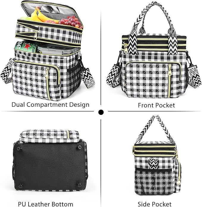 LOKASS Lunch Box for Women-16L-Insulated Lunch Bag Women, Expandable Double-layer Leakproof Cooler Bag with Upgrade Adjustable Shoulder Strap Ideal for Work/Travel/Picnics(Black&White Check)