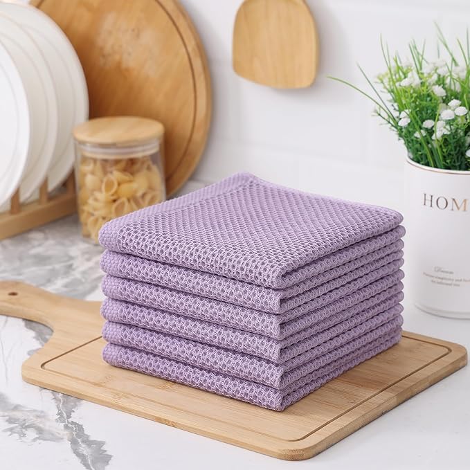 Kitinjoy 100% Cotton Kitchen Dish Cloths, 6 Pack Waffle Weave Ultra Soft Absorbent Dish Towels for Drying Dishes Quick Drying Kitchen Towels Dish Rags, 12 X 12 Inches, Lavender
