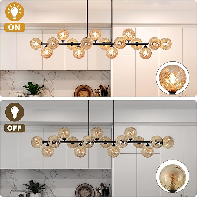 Dining Room Light Fixture, 55" Modern Chandelier Linear Sputnik Chandeliers with Amber Swirled Globe Farmhouse Chandeliers for Dining Room Kitchen island 16 Lights Large Chandelier for High Ceiling