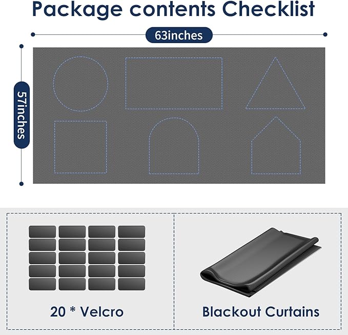 Blackout Curtains for Bedroom, 63" x 57" Temporary Blackout Shades for Windows, Portable Black Out Blinds Screen with 20 Loop & Hook, 100% Black Out Window Cover Film for Baby Nursery Travel RV - Grey