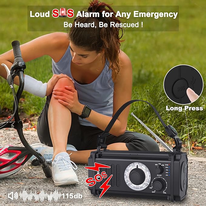 48100mWh Emergency Radio, Portable Solar Hand Crank Radio, AM FM NOAA Weather Radio, 800LM Crank Flashlight & Reading Lamp, Earphone Jack, Compass,SOS for Home Outdoor Camping Hurricane Storm Survival
