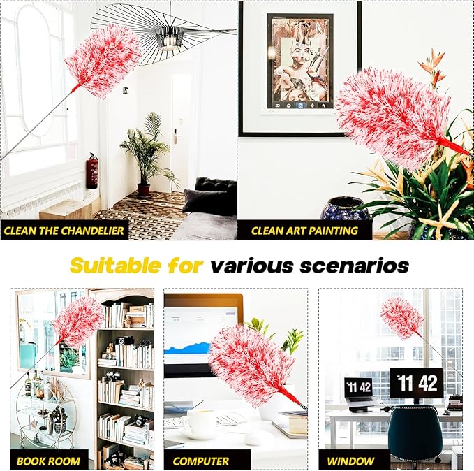 20-49inches Extendable Microfiber Feather Duster with 10pcs Replaceable Heads, Extra Long Bendable Duster for Cleaning, Electrostatic Dust Remove for Furniture, Ceiling, Window,etc (Red)