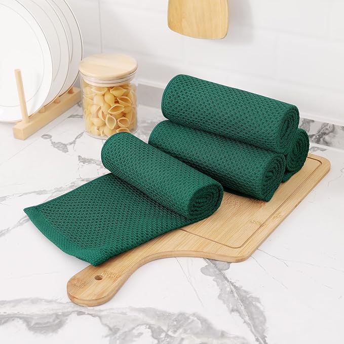 Kitinjoy 100% Cotton Waffle Weave Kitchen Towels, 6-Pack Super Soft and Absorbent Dish Towels for Drying Dishes, Kitchen Hand Towels, 13 in x 28 in, Dark Green
