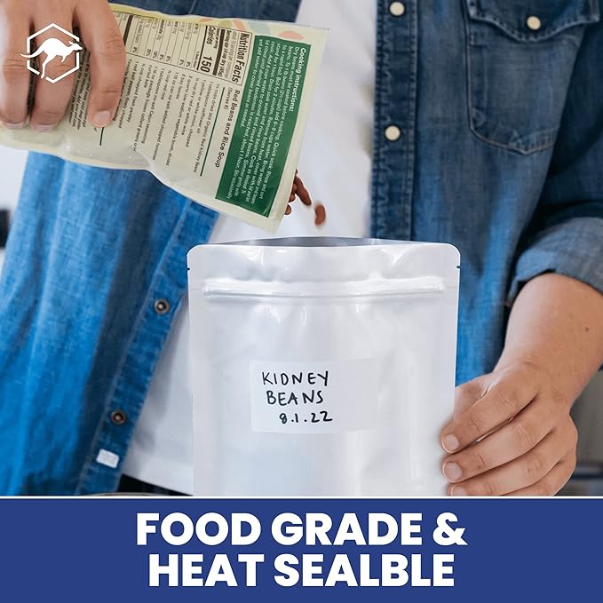 Wallaby 50 Count 1-Quart Gusset Mylar Bags with Labels, 12 Mil Total Thickness Long-Term Food Storage Pouches, 15x12 Stand-Up Zipper Heat-Sealable Airtight Packaging - Silver