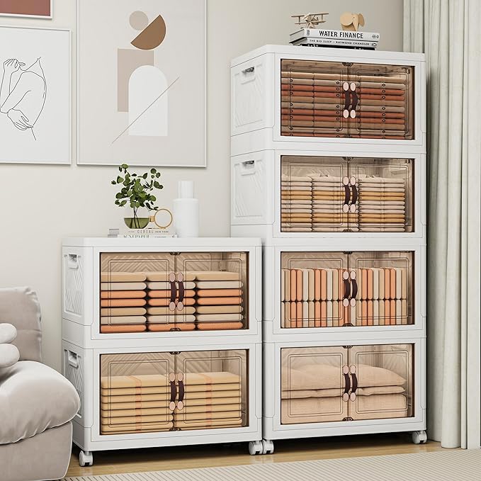 Storage Bins with Lids and Wheels, Collapsible Bathroom Storage Cabinet with Clear Doors, Plastic Stackable Closet Organizers and Storage Containers White 628 QT