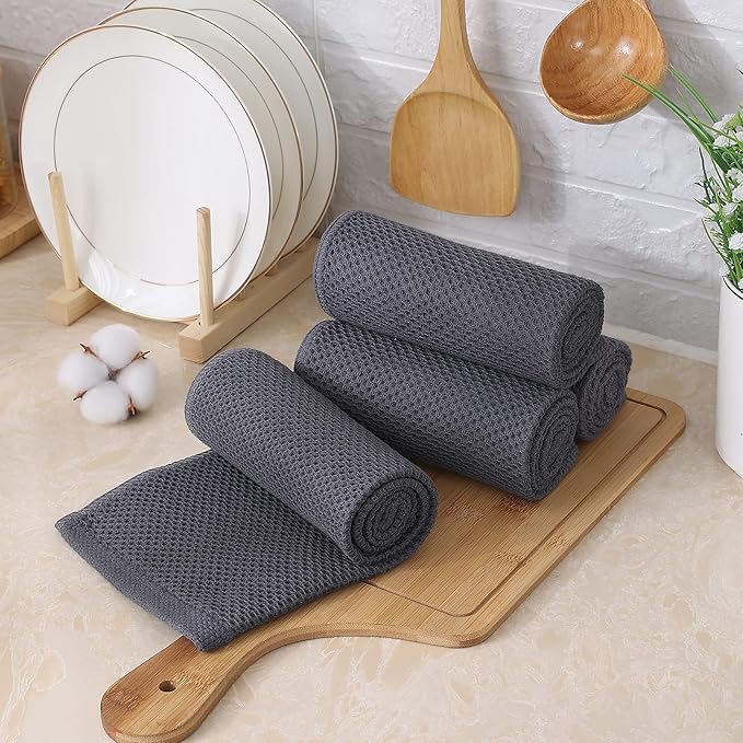 Kitinjoy 100% Cotton Waffle Weave Kitchen Towels, 8-Pack Super Soft and Absorbent Dish Towels for Drying Dishes, Kitchen Hand Towels, 13 in x 28 in, Dark Grey