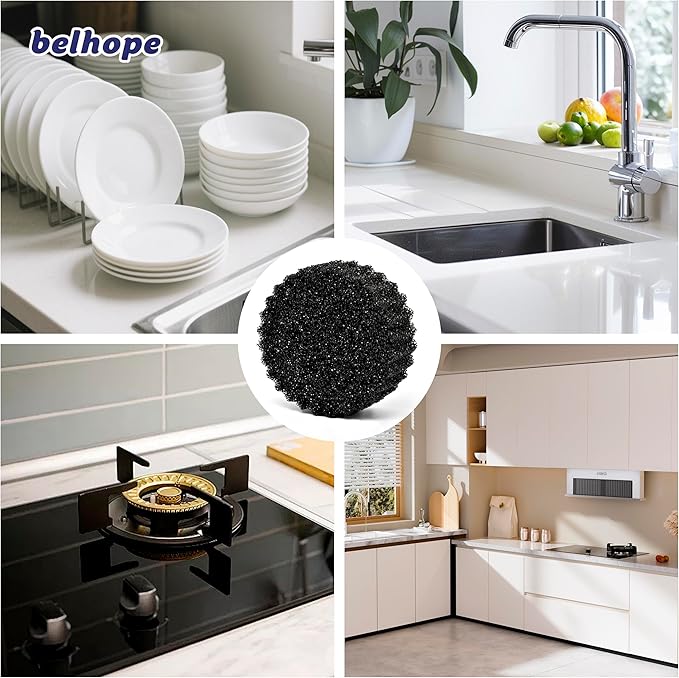 belhope Black Scrub Sponges - Scratch-Free Multipurpose Dish Sponge for Kitchen, Bathroom - Temperature Controlled Sponges for Scrubbing - Stain & Odor Resistant (6 Pack Round)