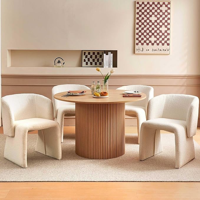47-in Round Dining Table with 4 Chairs Set, Modern Kitchen Table with Two-Part Oak Wood Finish Tabletop and Wooden Strip Base, Fully Wrapped Teddy Velvet Barrel Dining Accent Chairs