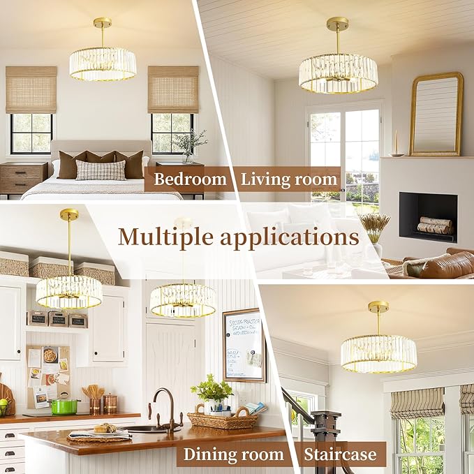 Modern Crystal Chandelier for Dining Room,16 Inch Gold Semi Flush Mount Ceiling Light Fixture,Round Kitchen Hanging Drum Pendant Lights Ceiling for Bedroom Foyer Hallway, 4-Light