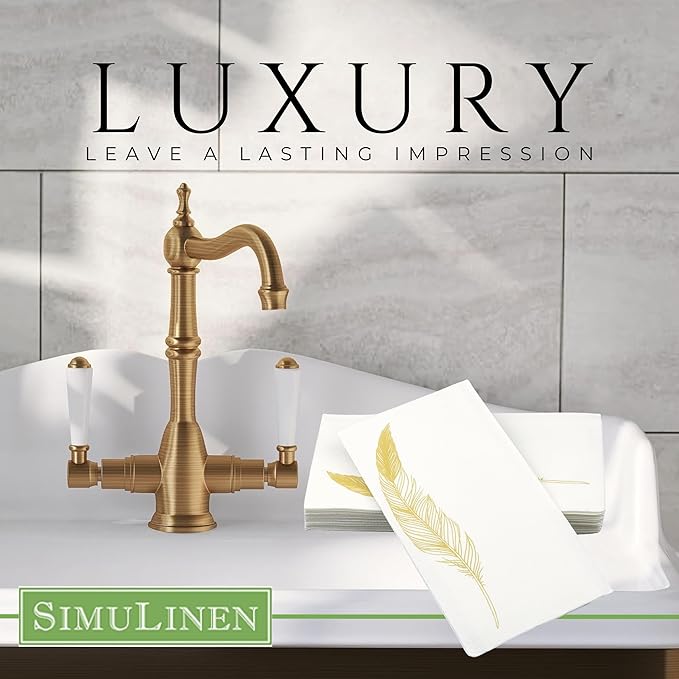SimuLinen Decorative Gold Feather Design Paper Towels - Hand Towels for Bathroom - Cloth-Like, Linen-Feel for Guest Bathroom Essentials, Size: 12x17” (Pack of 500) Made in Germany