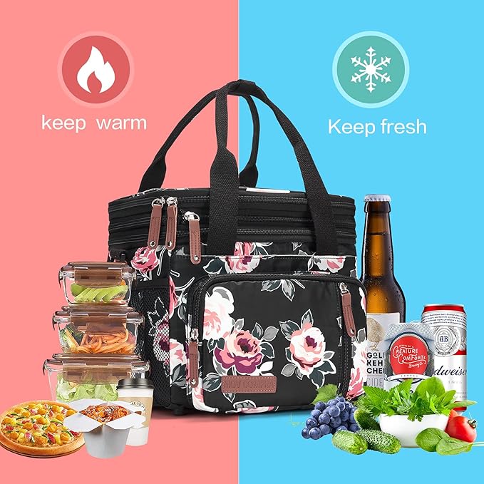 MOV COMPRA Lunch Bag Women Flower Insulated Lunch Box for Work, Expandable Large Lunch Bag, Leakproof Double Deck Lunch Box Cooler Bag with Removable Shoulder Strap(Flower)