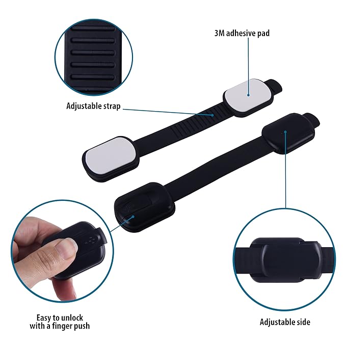 Child Safety Cabinet Locks (8 Pack) – Adjustable Baby Proofing Strap Latches with Strong 3M Adhesive – No Drill Childproof Locks for Drawers, Cabinets, Fridge, Door, Closet, Black