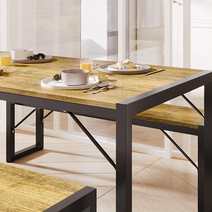 Gizoon 45.5" Dining Table Set for 4 with 2 Benches, Kitchen Table Set with Metal Frame & MDF Board, Space-Saving Dinette for Kitchen, Dining Room -Retro