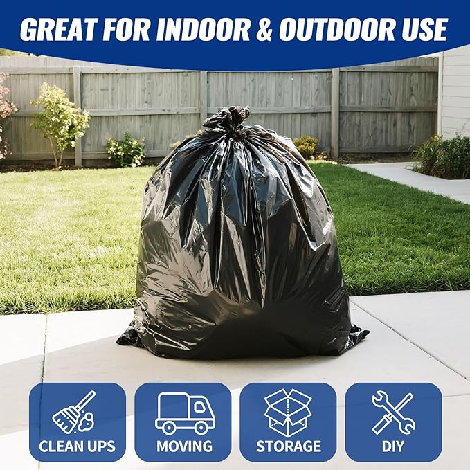 120 Count 55-60 Gallon Trash Bags, Tear-Free Large Black Garbage Bags for Kitchen, Office, Outdoor, Commercial Use, Lawn and Leaf Bags, Lightweight 17 Micron Design for Daily Dry Waste