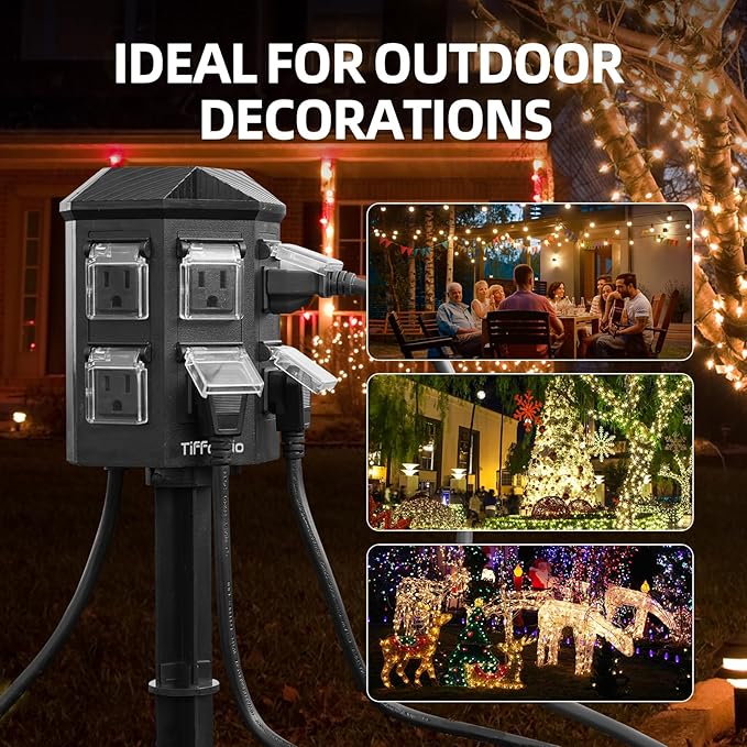 TiFFCOFiO Outdoor Power Strip Timer, Dusk to Dawn Light Sensor Countdown, 6 Feet Extension Cord Waterproof, 6 Grounded Outlets for Halloween and Christmas Decorations, ETL Listed (15 FT)