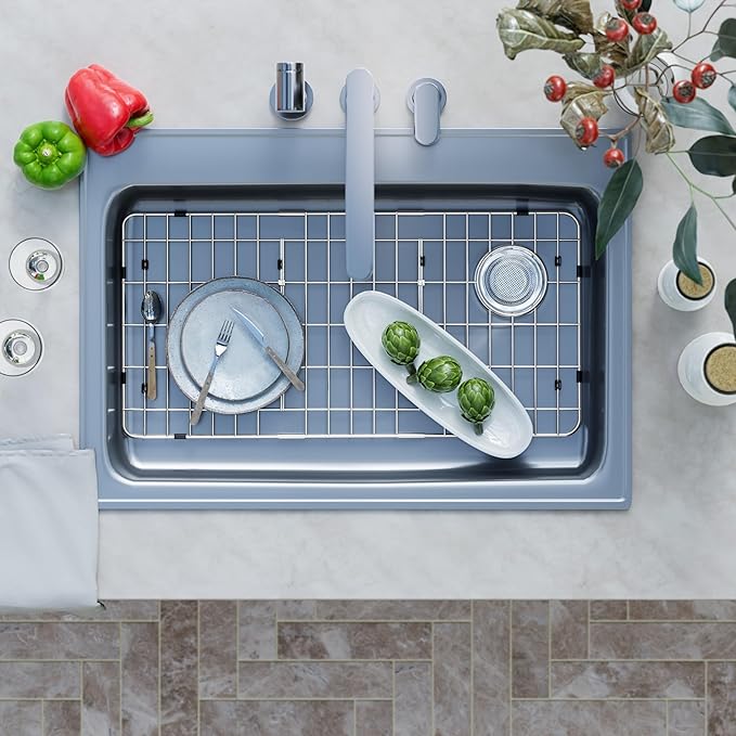 Sink Rack,Large Sink Protectors for Kitchen Sink,28-1/4"X 14-1/4",Stainless Steel Sink Grid for Bottom of Sink,Metal Sink Grate with Strainer,Side Corner Drain for Specific Elkay,1 pack