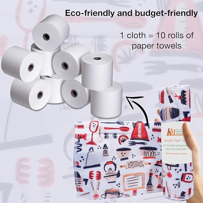Pack of 10 Reusable Paper Towels | 10x10 Inch Cotton Towels | Kitchen Utensils Print | Eco Friendly, Washable, Quick Drying | Sustainable Cleaning Cloths | Kitchen Utensils