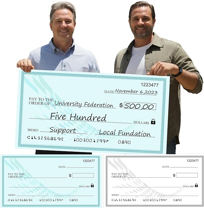 【2-Pack】30x16 Inch Big Check Giant Check Double-Sided Dry Erase Award Check | Waterproof Laminated Presentation Plaques for Presentations | Includes 2 Black Markers (Green & Black)