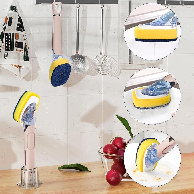 Dish Brush with Soap Dispenser Storage Set with 2 PCS Sponge Refills & Holder, Soap Dispensing Dish Brushes, Sponge with Soap Dispenser Handle, Dish Sponges with Handle for Dishes Pans Pots Sink