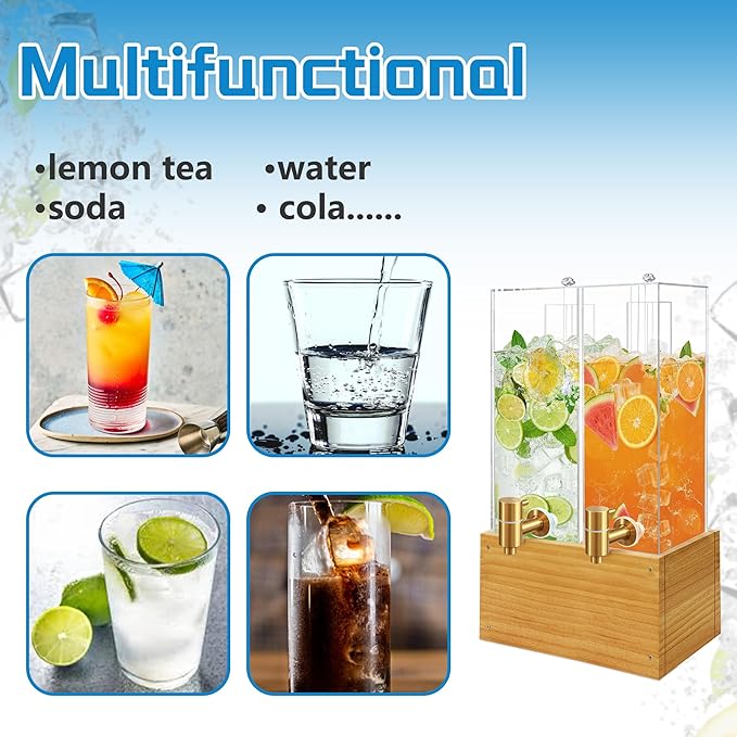 Beverage Dispenser with Stand 2 Gallon, 2 Pack Drink Dispenser with Ice Core, Beverage Containers with Wood Stand for Juice/Tea/Soda/Water, Drink Dispensers for Parties