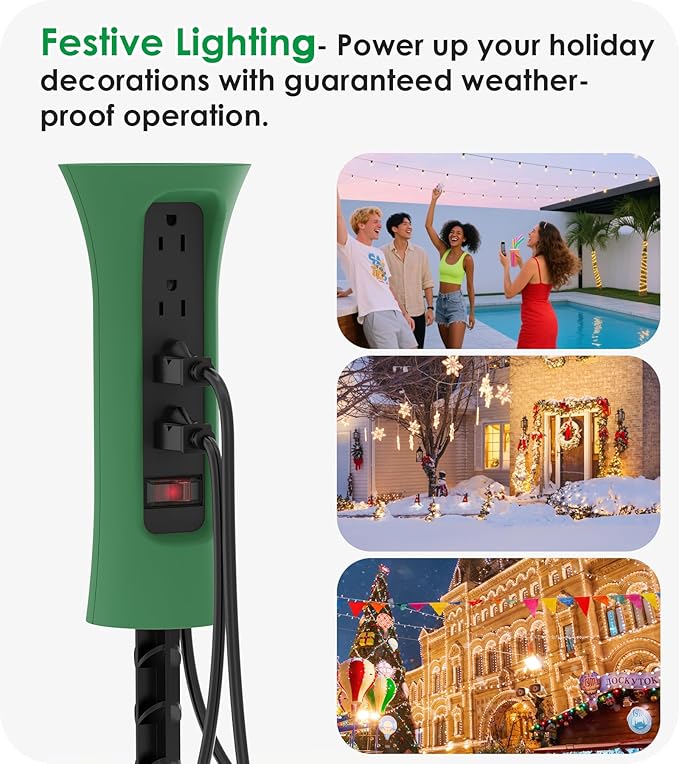 CCCEI Outdoor Power Strip Weatherproof with Stake, Waterproof Extension Cord with Multiple Outlets, Christmas Exterior Garden Decor, Yard, Camping, 4 Plugs, Surge Protector 15FT, Green.