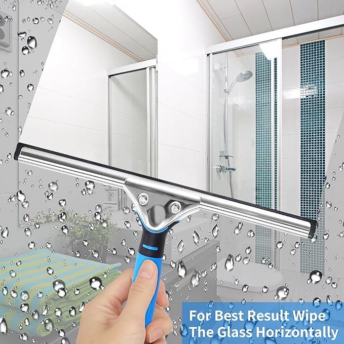 Squeegee with Shelf Storage for Window Cleaning,Window Cleaning Squeegee kit with Bucket&Microfiber Scrubber,Bathroom,Shower Doors,Mirrors,Tiles,and Car Windows Blue