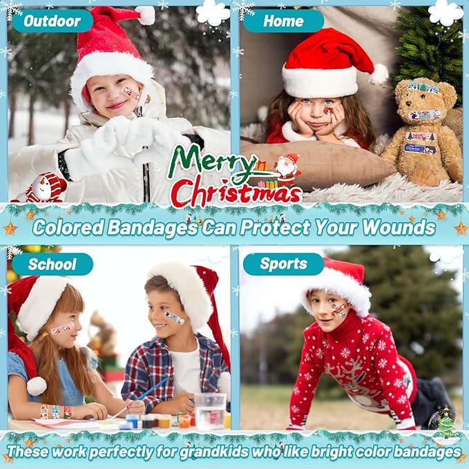 300 Pieces Christmas Kids Bandages 33 Styles Christmas Bandage for Kids Children's Adhesive Flexible Santa Claus Cartoon Bandages Breathable Protection Care Cuts for Girls Boys(Christmas)