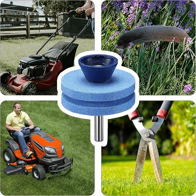 4PCS Lawn Mower Blade Sharpener, Double Layer Corundum Lawnmower Blade Sharpener with Blade Balancer, Universal Wear Resistant Mower Blade Sharpener for Any Power Drill Hand Drill