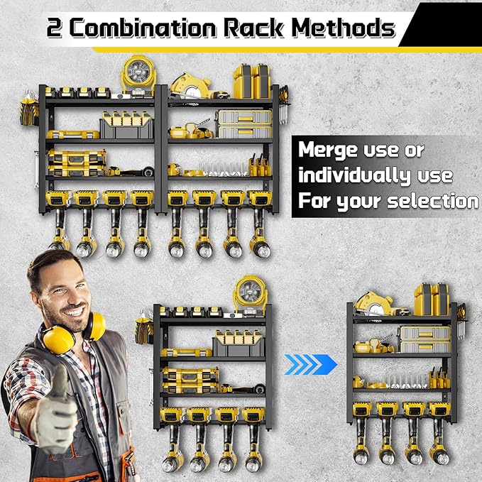 Large Power Tool Organizer Wall Mount, 8 Cordless Drill Holder, 4 Tier Metal Power Tool Shelf Battery Storage with 7 Hooks, Heavy Duty Utility Racks for Garage Workshop, Black