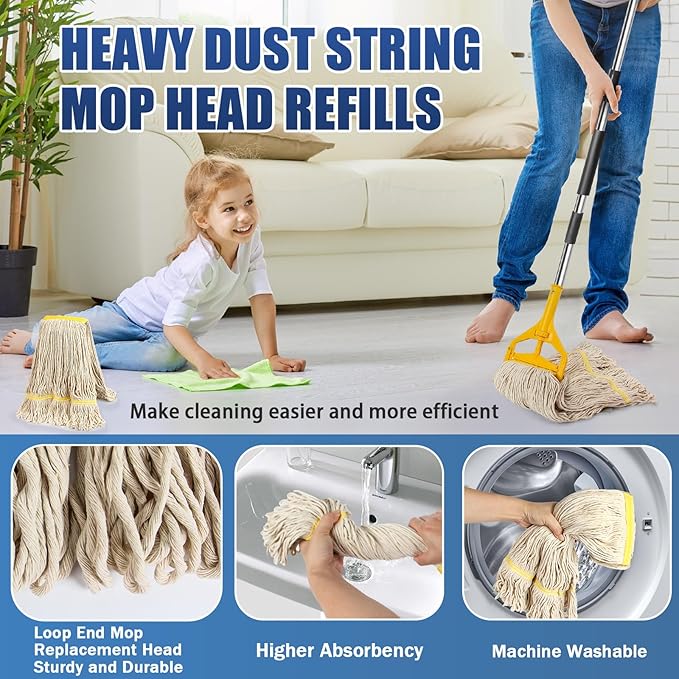 2 Pack 20oz Loop-End String Wet Mop Refills,Heavy Duty Cotton Commerical Industrial Grade Mop Replacements Heads for Home,Workshop,Garage Floors Cleaning,with 63'' Stainless Steel Mop Handle