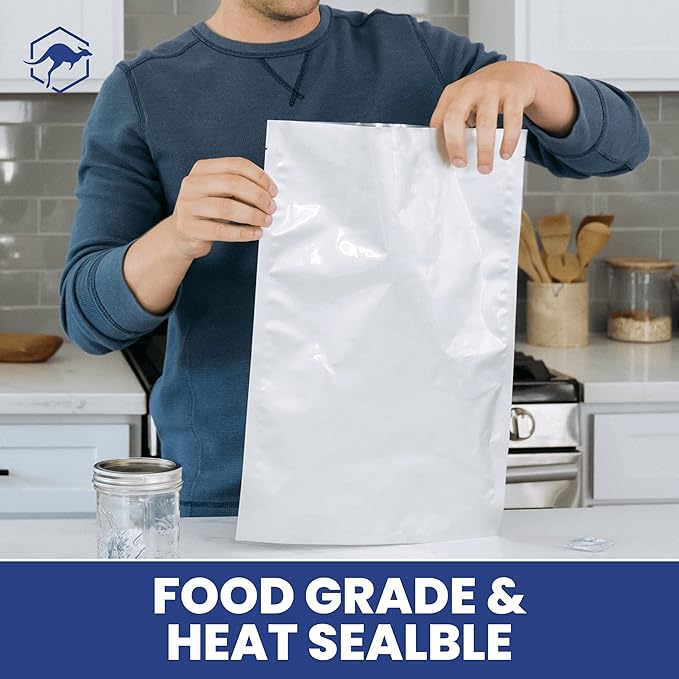 Wallaby 30 Count 2.5-Gallon Mylar Bags with Labels, 5 Mil Total Thickness Long-Term Food Storage Pouches, 12x18 Heat-Sealable Airtight Packaging - Silver