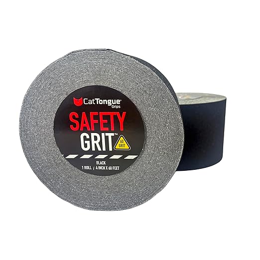 CatTongue Safety Grit Abrasive Grip Tape 4” –60 Grit Anti-Slip Tape - Waterproof, Safety Traction for Stairs, Ramps and Walkways - Indoor/Outdoor Use (Black, 60ft)