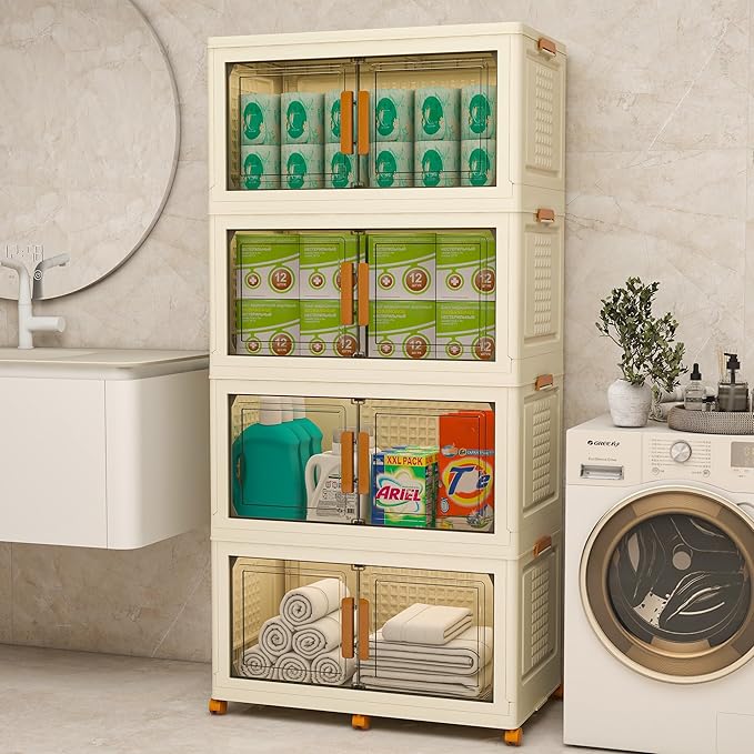 Plastic Stackable Storage Bins with Lids and Wheels, Foldable Closet Organizers and Storage Containers, Collapsible Clear Drawer Storage Cabinet with Doors Ivory White 1080 QT