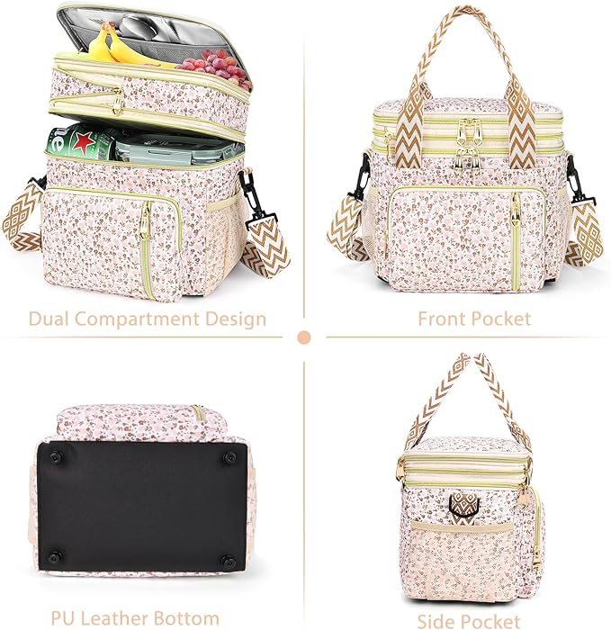 LOKASS Lunch Box for Women-16L-Insulated Lunch Bag Women, Expandable Double-layer Leakproof Cooler Bag with Upgrade Adjustable Shoulder Strap Ideal for Work/Travel/Picnics(White Flower)