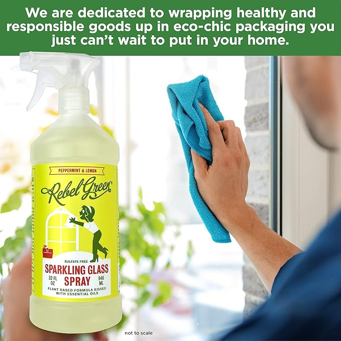 Rebel Green Sparkling Glass Cleaner - Streak Free Glass Cleaner Spray - Natural Glass & Surface Spray for Windows, Mirrors, & More - Scented with Peppermint & Lemon - (32 Ounce Bottles, 4 Pack)