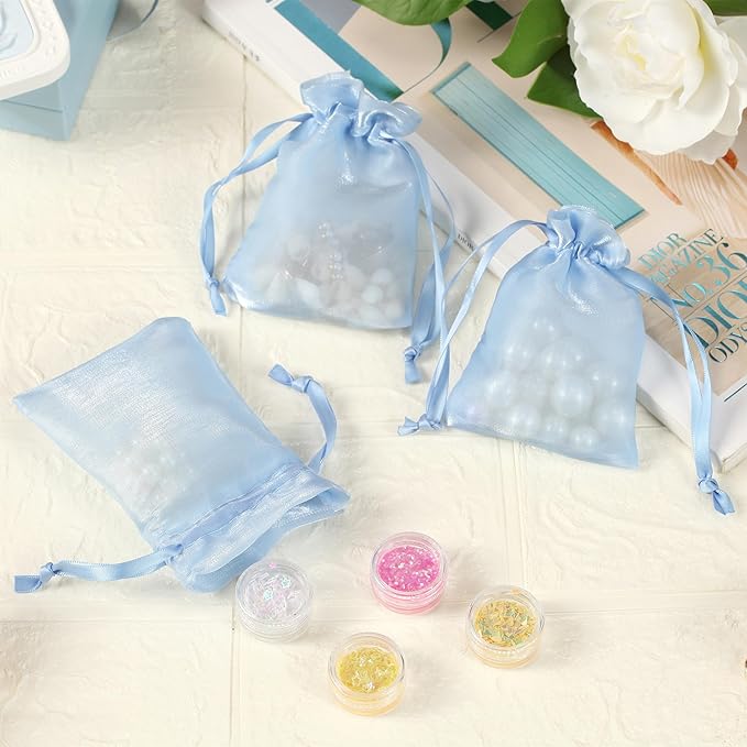 QIANF 20 Pcs Blue Small Organza Bags 3X4 inch for Wedding Favors with Drawstring, Mini Mesh Gift Bags Jewelry Pouch for Candy Bridal Shower Party Favor Baby Shower Christmas