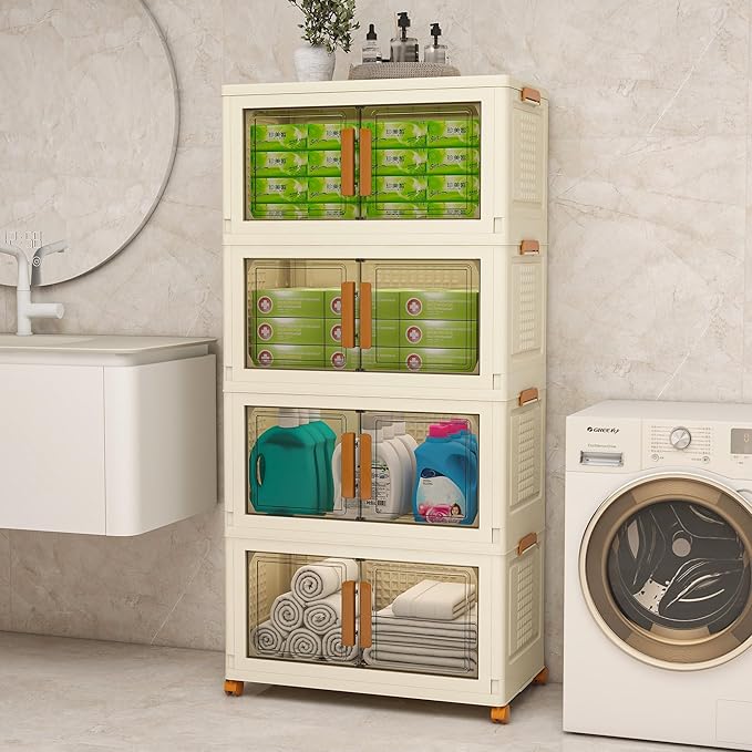 Plastic Stackable Storage Bins with Lids and Wheels, Foldable Closet Organizers and Storage Containers, Collapsible Clear Drawer Storage Cabinet with Doors Ivory White 537.6 QT