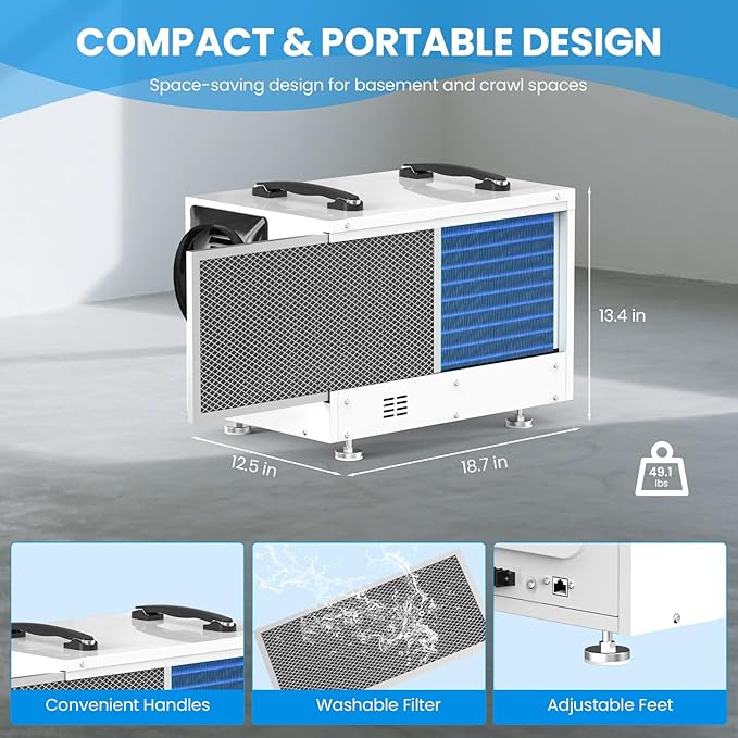 CADPXS Crawl Space Dehumidifier, 125 Pints Commercial Dehumidifiers with Drain Hose, Dehumidifier for Crawlspace, Basements & Water Damage Use, Auto Defrost & Memory Restart, cETL Listed