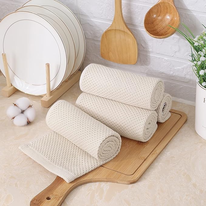 Kitinjoy 100% Cotton Waffle Weave Kitchen Towels, 6-Pack Super Soft and Absorbent Dish Towels for Drying Dishes, Kitchen Hand Towels, 13 in x 28 in, Beige