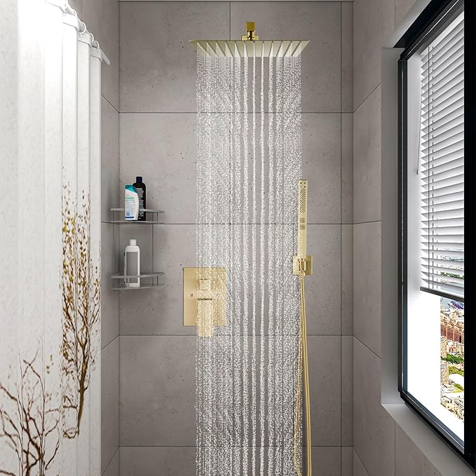 Shower Faucet Set Rainfall Shower System with Square Showerhead and Handle Set Fixture with 2 in 1 Function Handheld Sprayer Wall Mounted Trim Repair Kit Rough-in Valve 12 Inch Brushed Gold